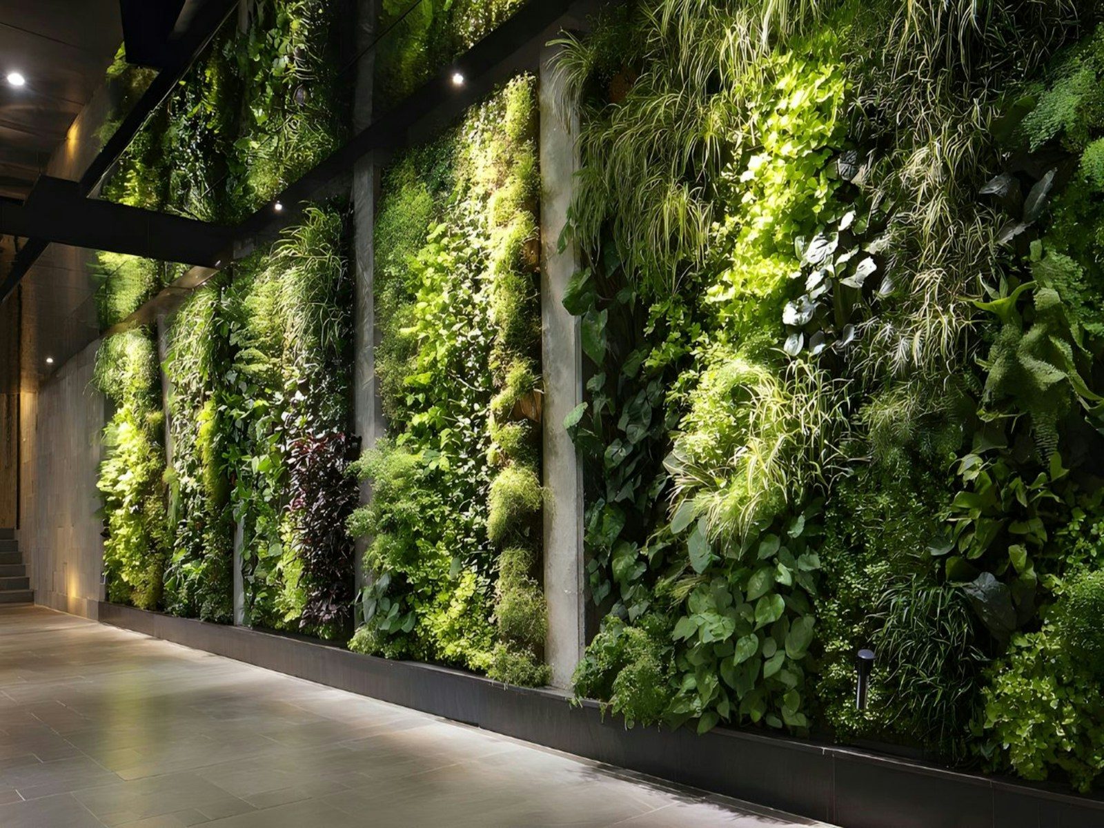 A lush vertical garden wall with diverse greenery