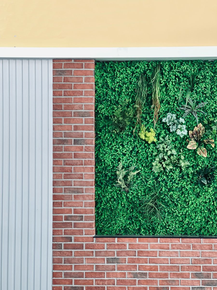 Green wall with brick and white paneling panels